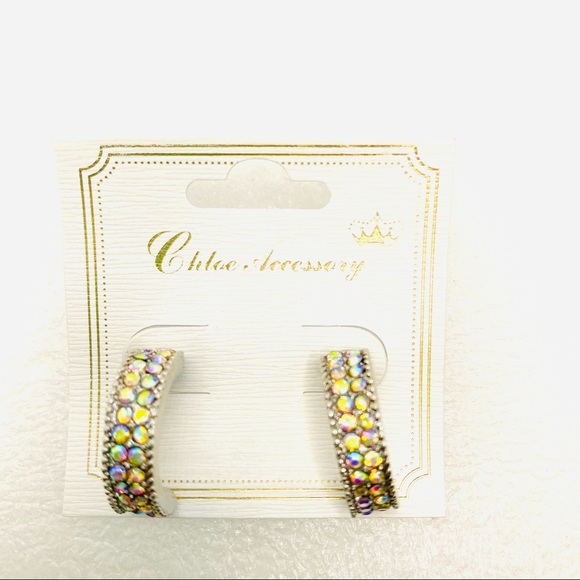 Earrings Crystal Crescent iridescent double row. Pierced - Picture 1 of 16